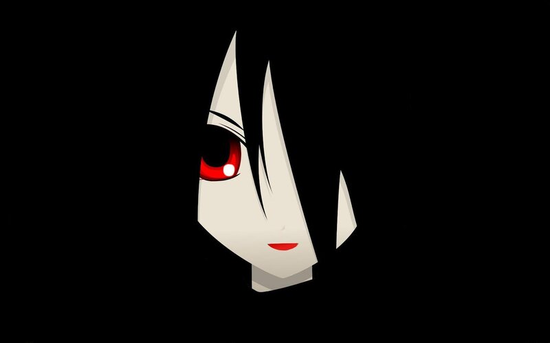 Anime Character Face — Black, Dramatic, Digital Art, Red Eye, Black Hair