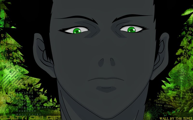 Anime Character Face — Black, Dramatic, Green Eyes, Text Overlay