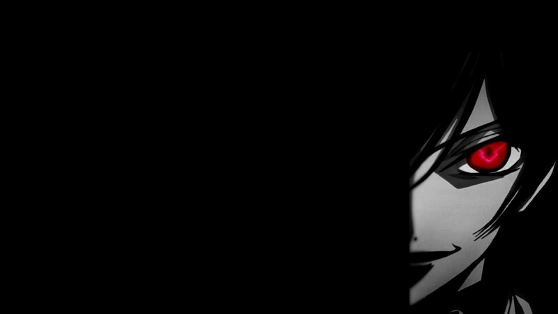 Anime Character Face — Black, Dramatic, Manga, Red Eye, Black Hair, Dark Background