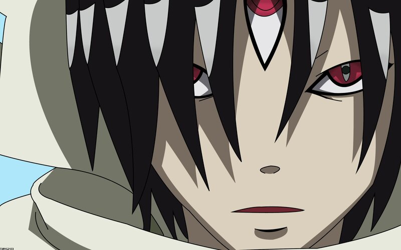 Anime Character Face — Black, Intense, Red Eyes, Black Hair, White Cloak