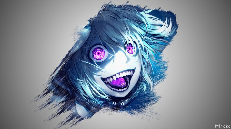 Anime Character Face — Blue, Dramatic, Digital Art, Purple Eyes