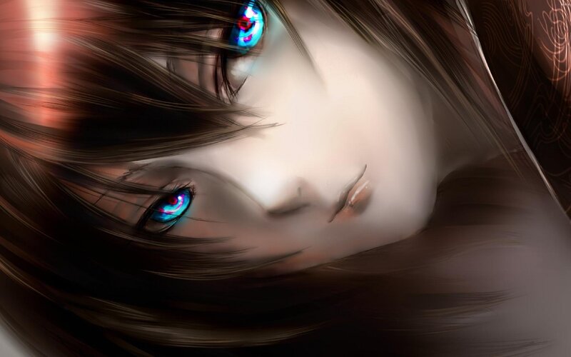 Anime Character Face — Brown, Dramatic, Digital Art, Eyes, Hair, Blue, White