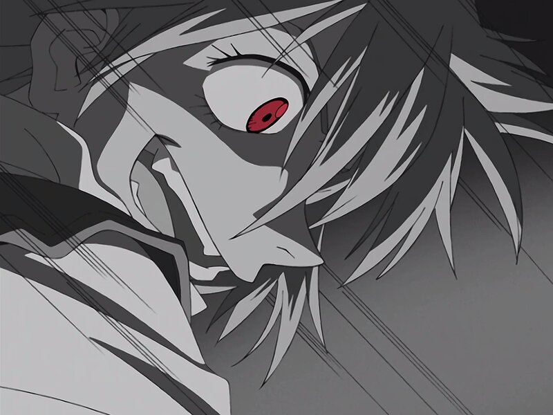 Anime Character Face — Gray, Dramatic, Red Eye
