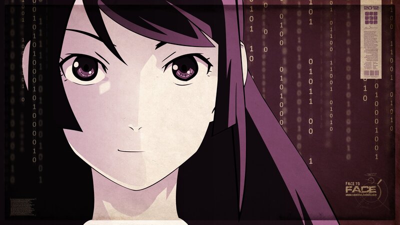 Anime Character Face — Purple, Serious, Binary Code