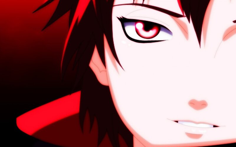 Anime Character Face — Red, Dramatic, Red Eyes, Spiky Hair, Smile, Black