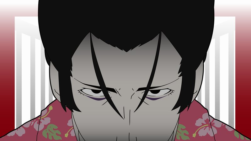 Anime Character Face — Red, Intense, Floral Shirt
