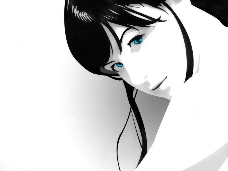 Anime Character Face — White, Dramatic, Manga, Blue Eyes, Black Hair, Black