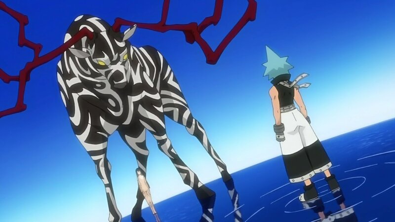 Anime character facing zebra-like creature