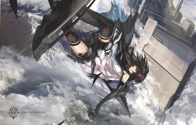 Anime Character Falling — Black, Dramatic, Digital Art, Mountains