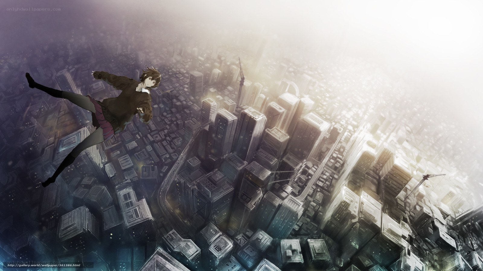 anime character falling over city