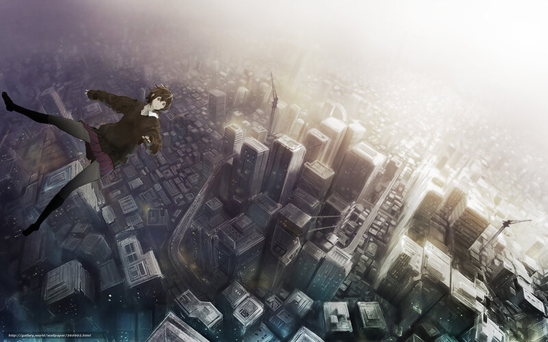 anime character falling over city