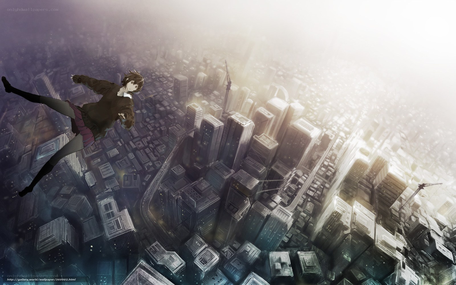 anime character falling over city