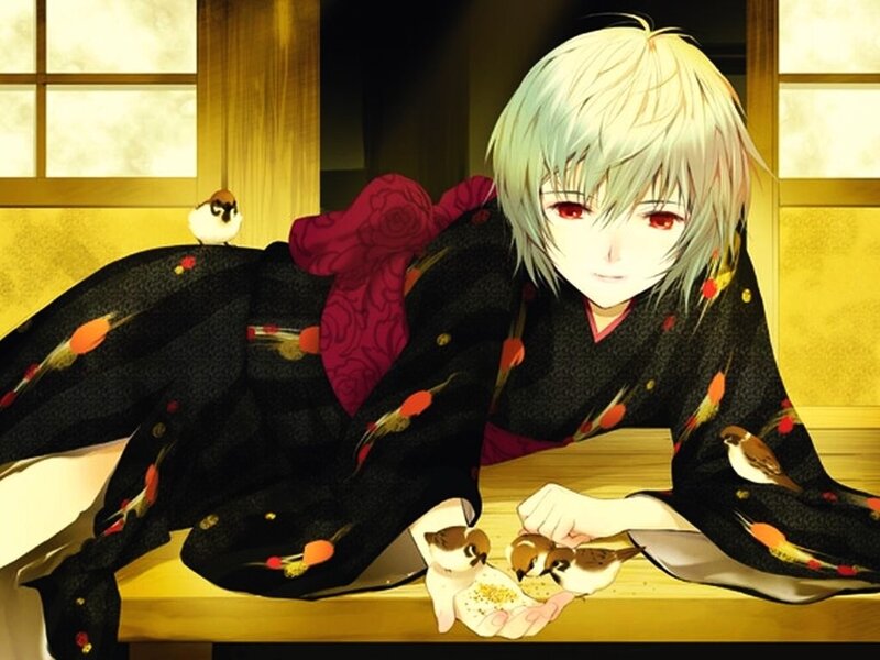 Anime Character Feeding Birds