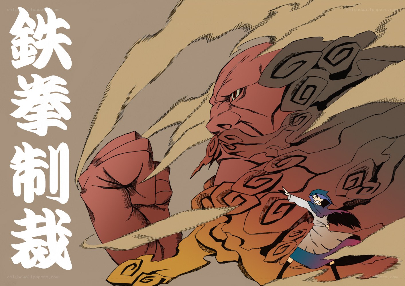Anime character fighting giant monster