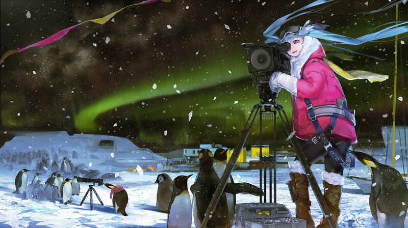 Anime Character Filming Penguins — Blue