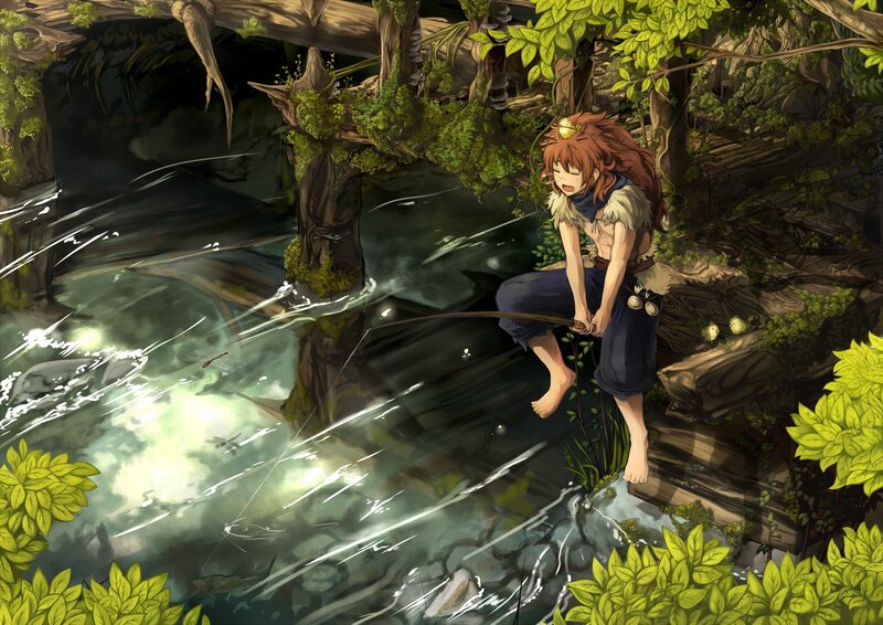 Anime character fishing in forest
