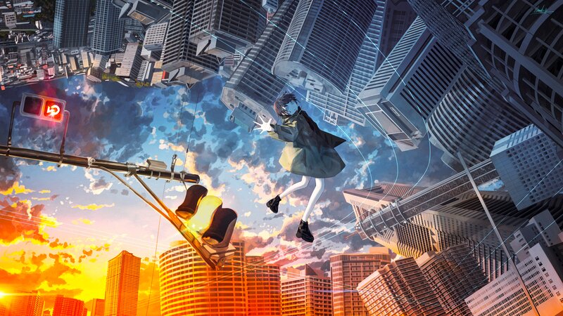 Anime Character Floating — Blue, Dramatic, Sunset