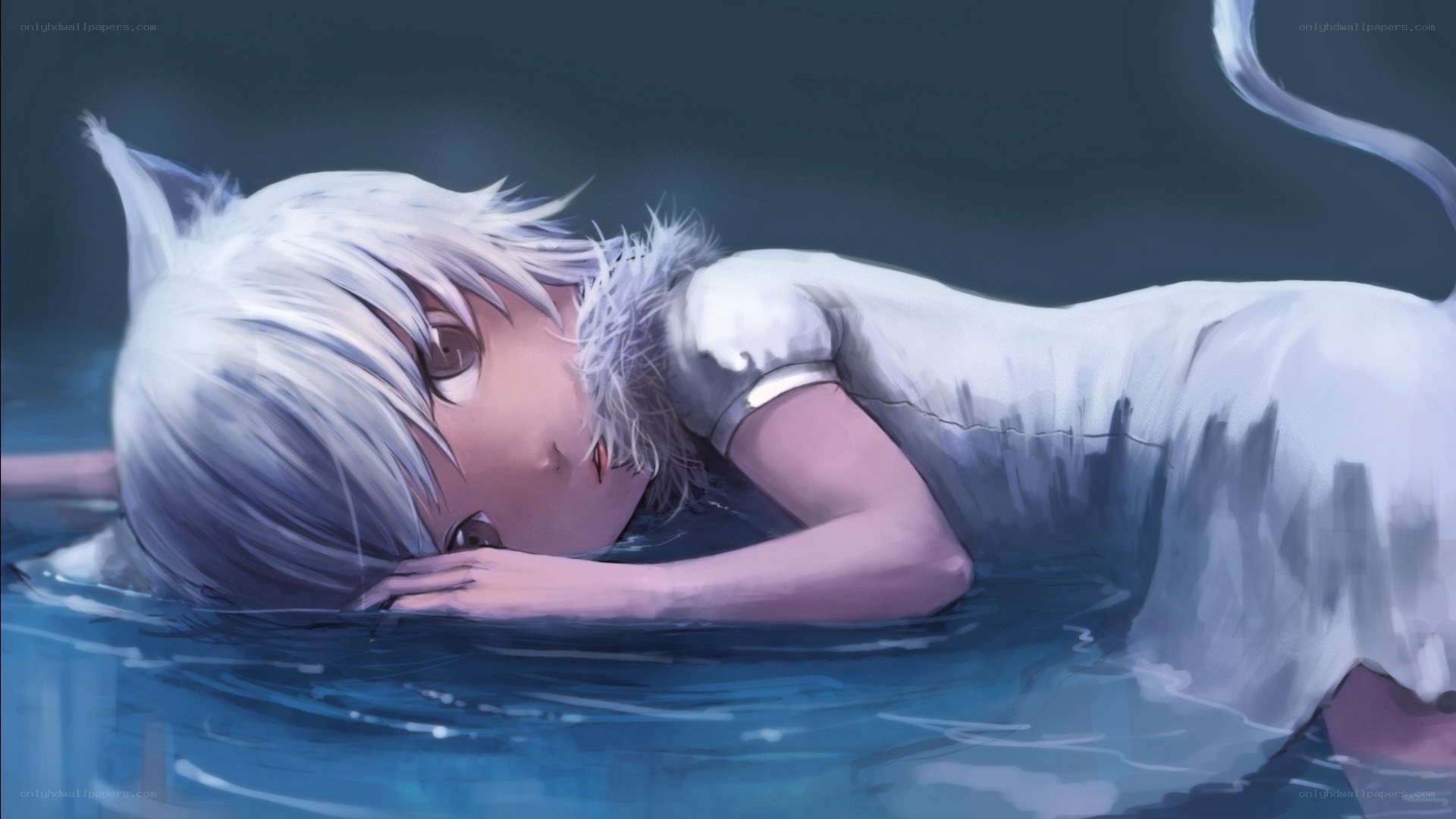 anime character floating in water