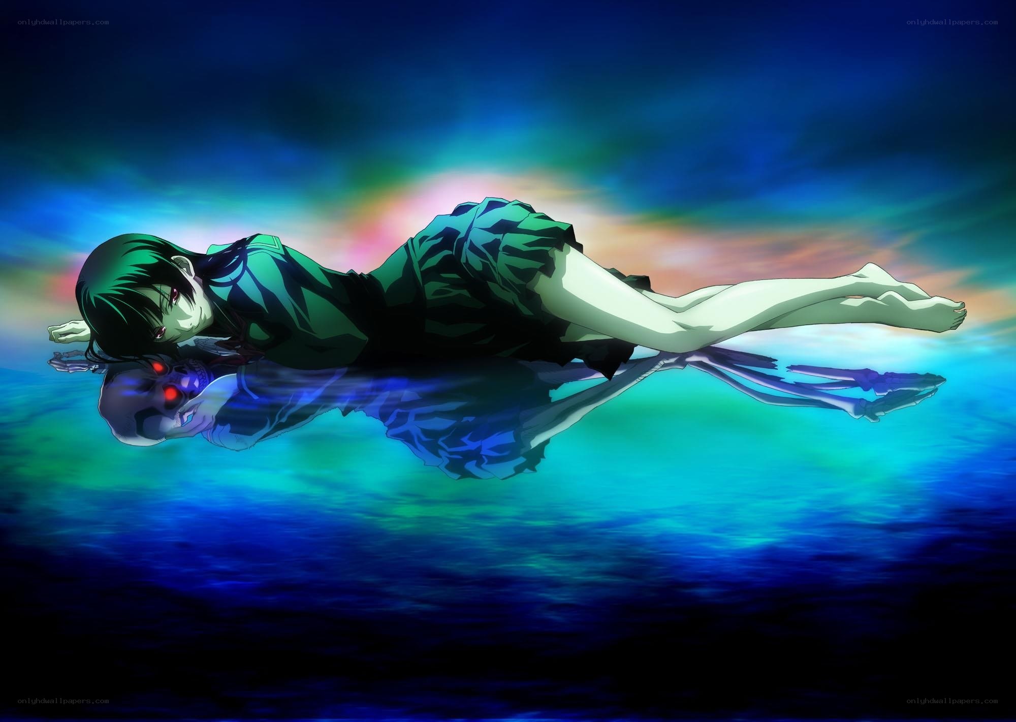 Anime character floating underwater