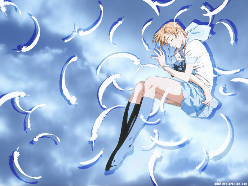 Anime character floating with feathers