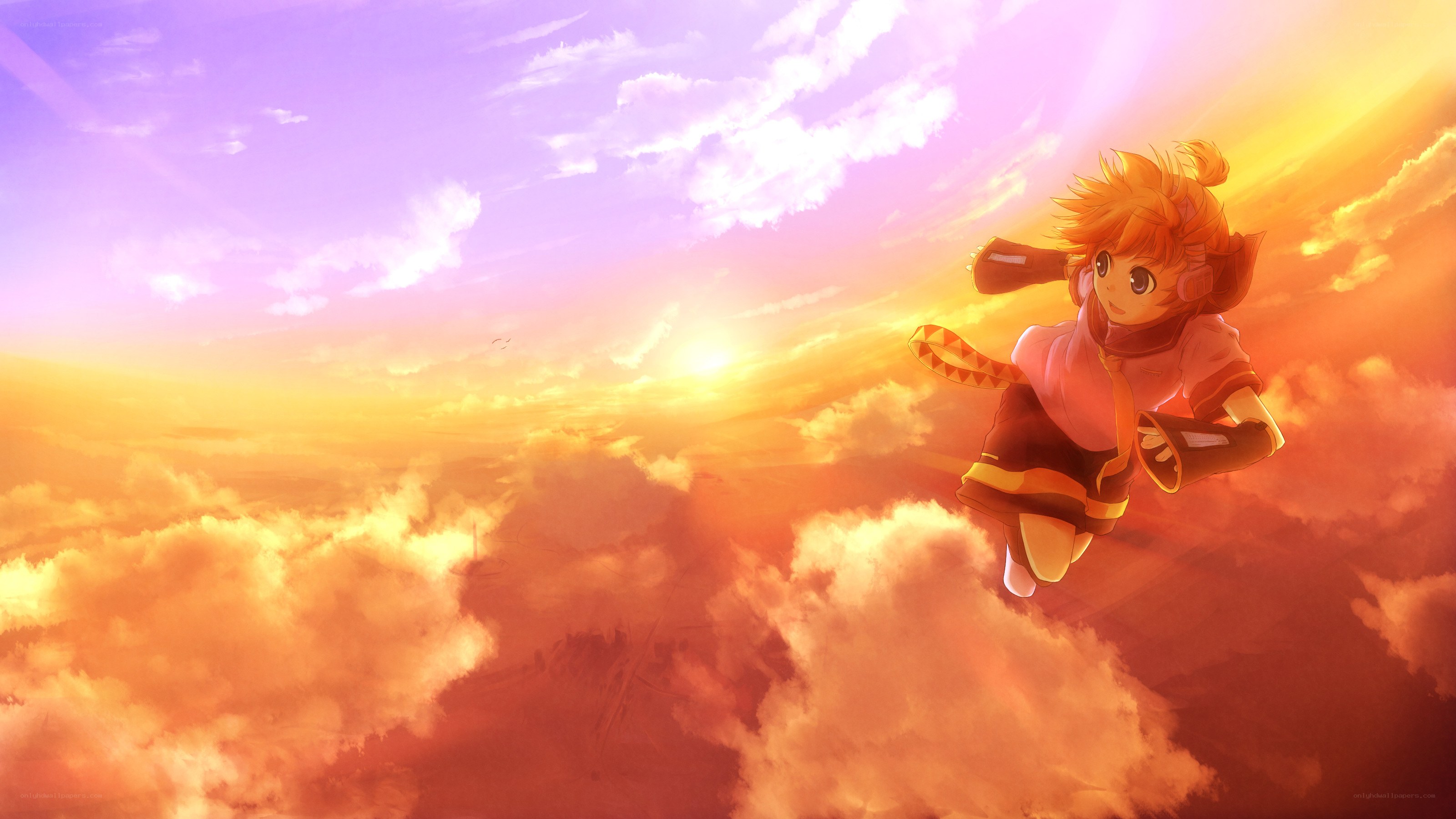 anime character flying at sunset