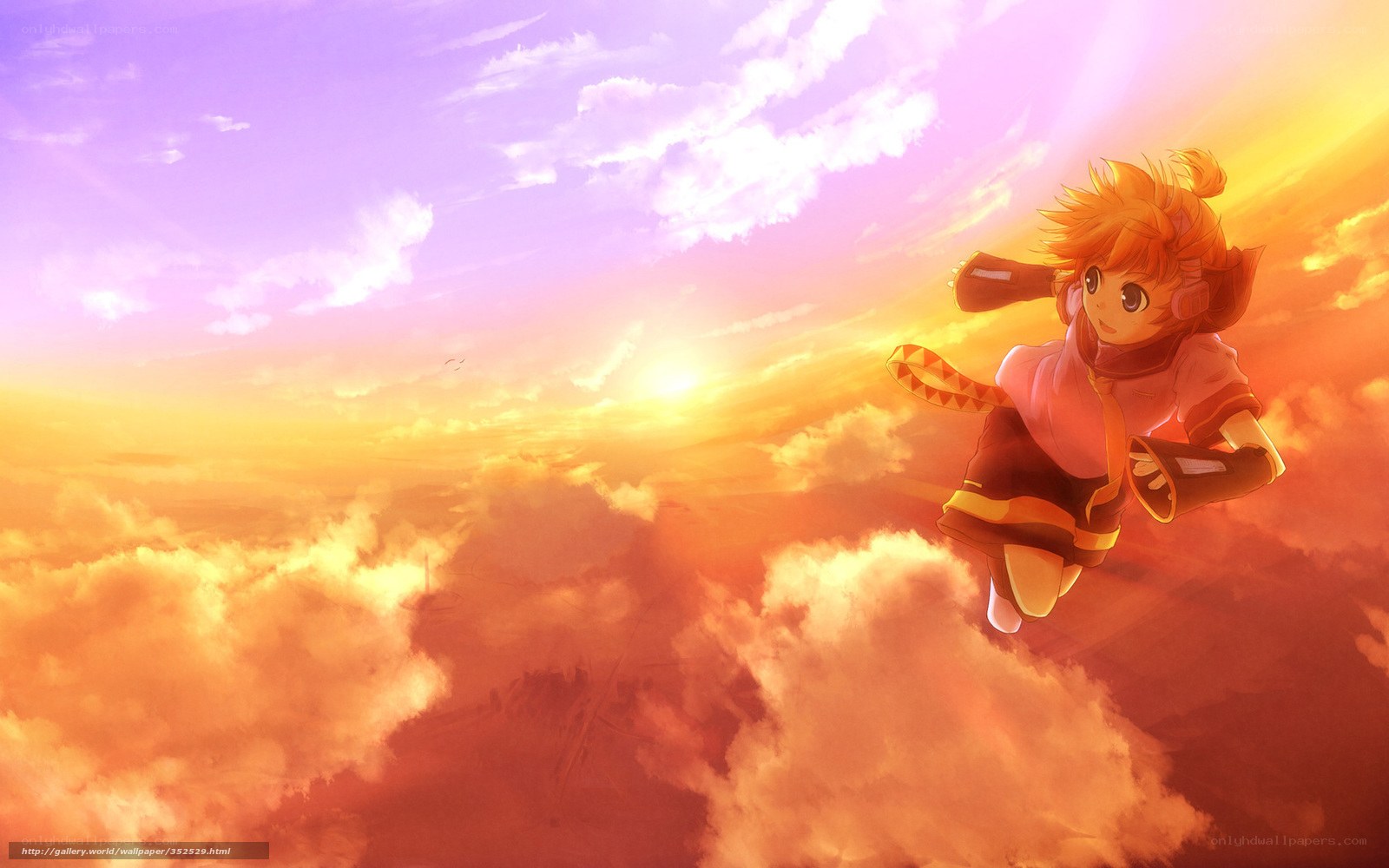 Anime character flying at sunset