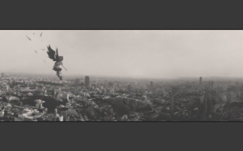 anime character flying over city