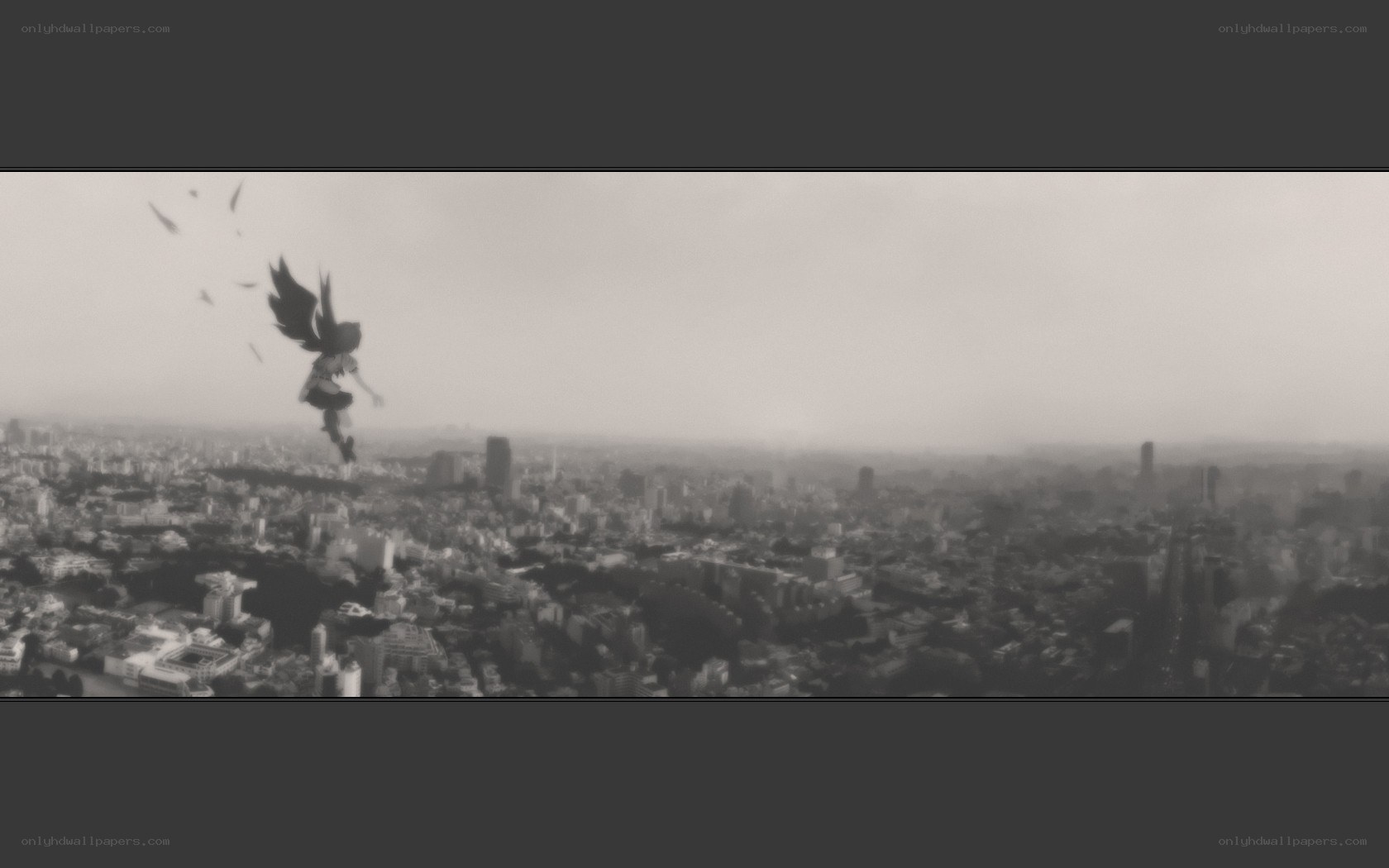 anime character flying over city