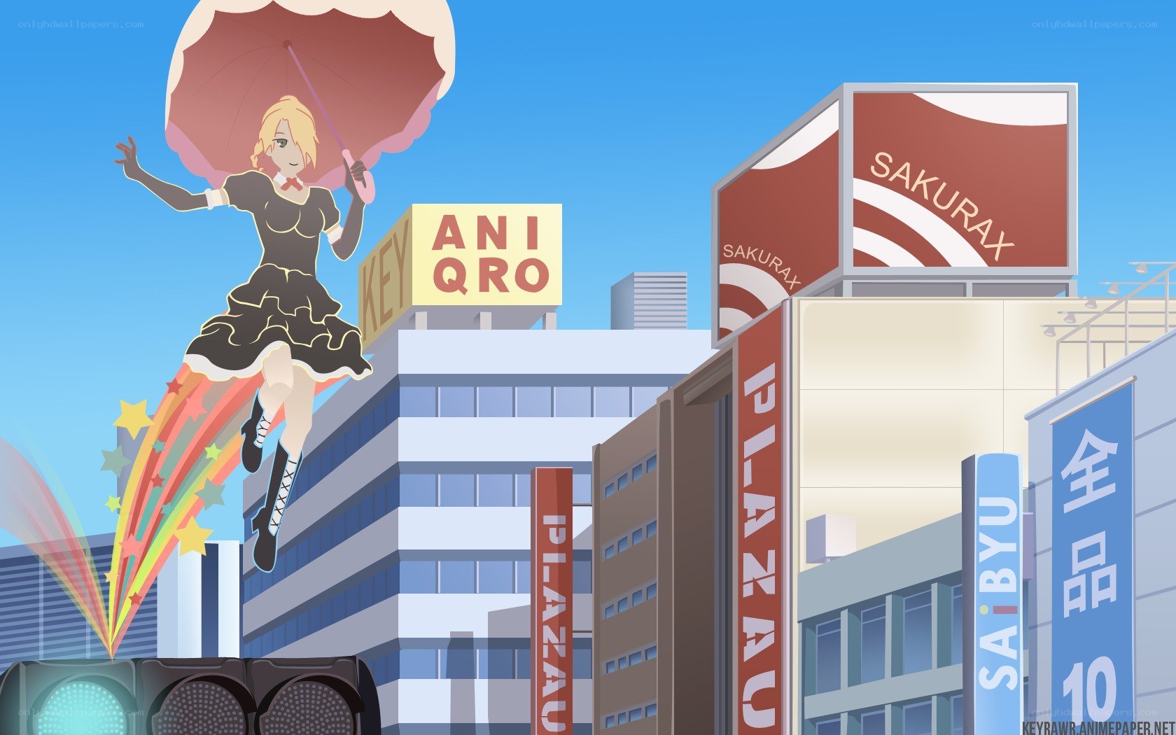 anime character flying over city