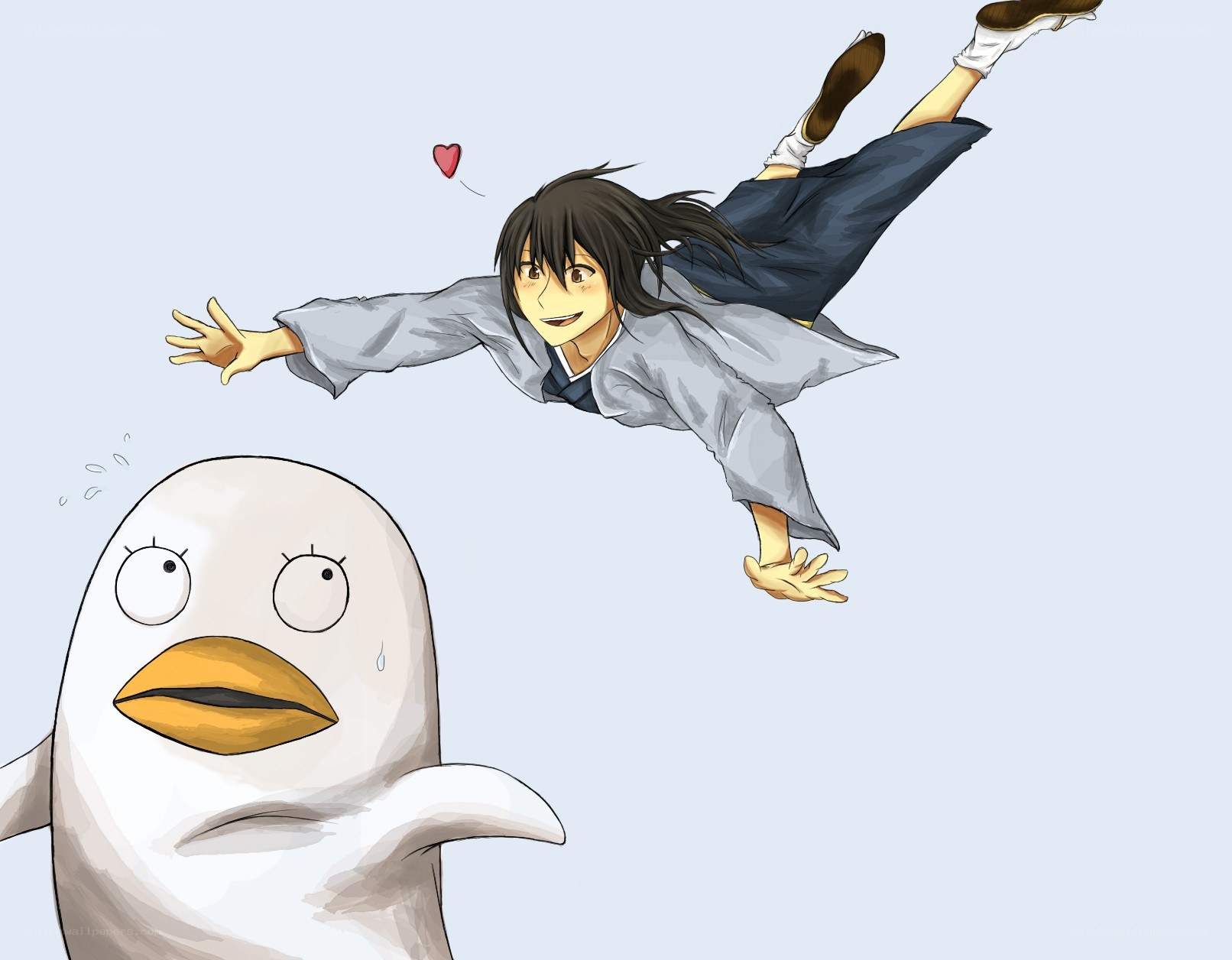 anime character flying toward a penguin