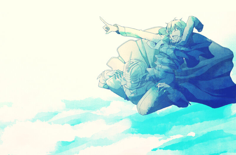anime character flying with robot