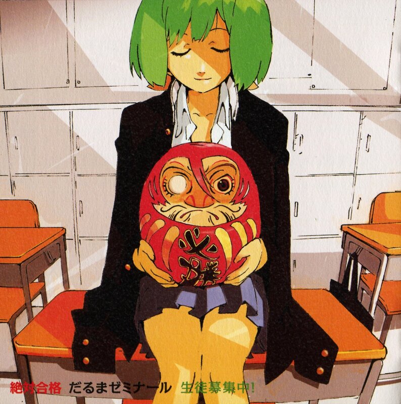 Anime character holding a daruma doll