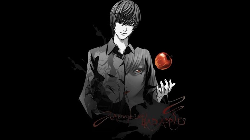 Anime Character Holding Apple — Black, Dramatic, Manga, Shadow Figure, Text