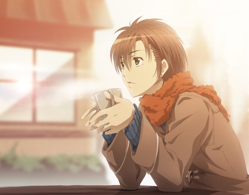 Anime Character Holding Cup — Brown, Calm