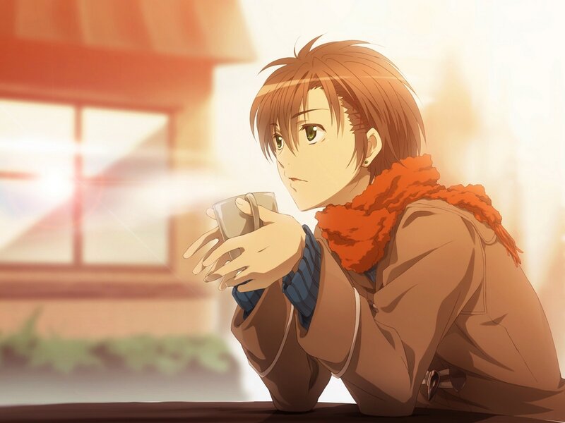 Anime Character Holding Cup — Brown