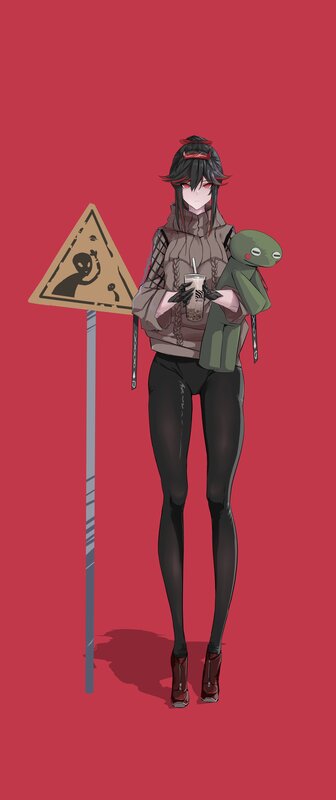Anime Character Holding Drink — Red, Neutral