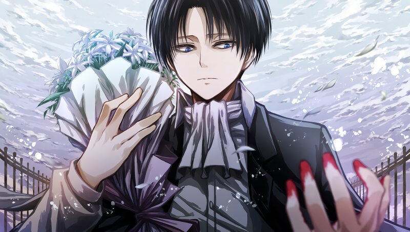Anime Character Holding Flowers — Black, Dramatic, Manga