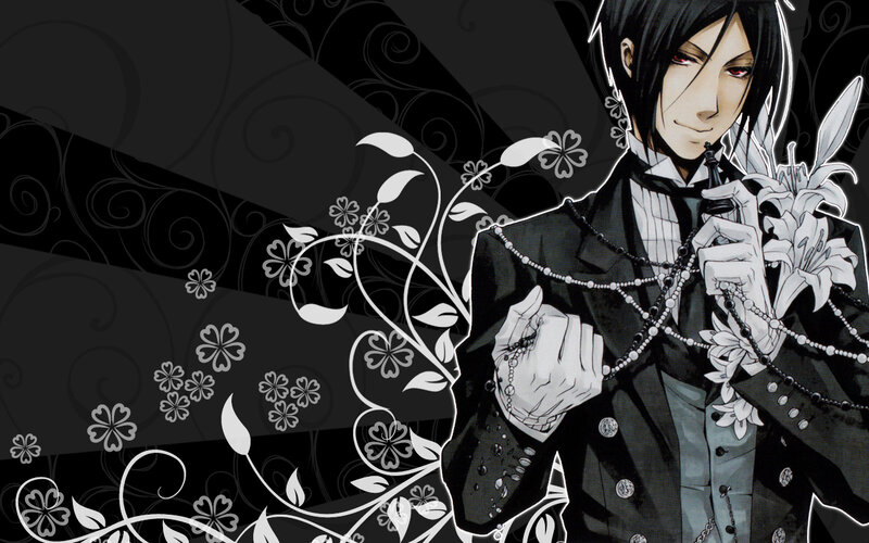 Anime Character Holding Flowers — Black, Dramatic
