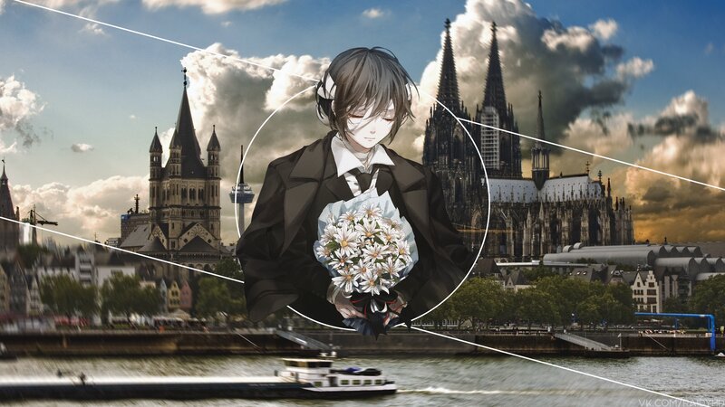 Anime Character Holding Flowers — Blue, Dramatic