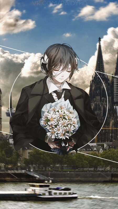 Anime Character Holding Flowers — Blue, Serene