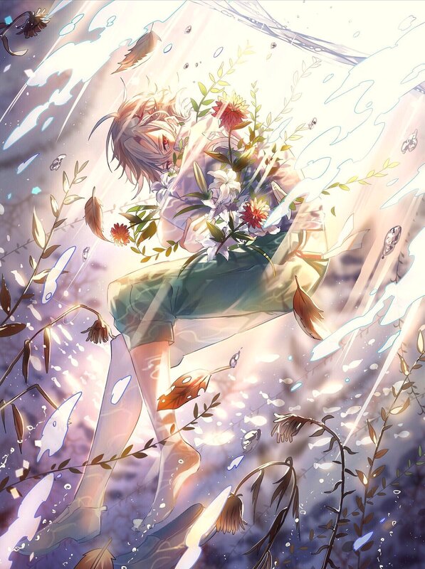 Anime Character Holding Flowers — White