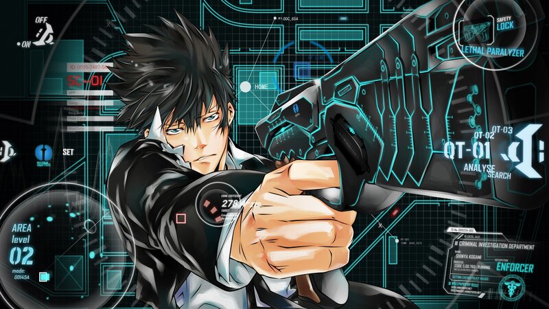 Anime Character Holding Gun — Black, Dramatic, Manga, Holographic Interface, Digital Display