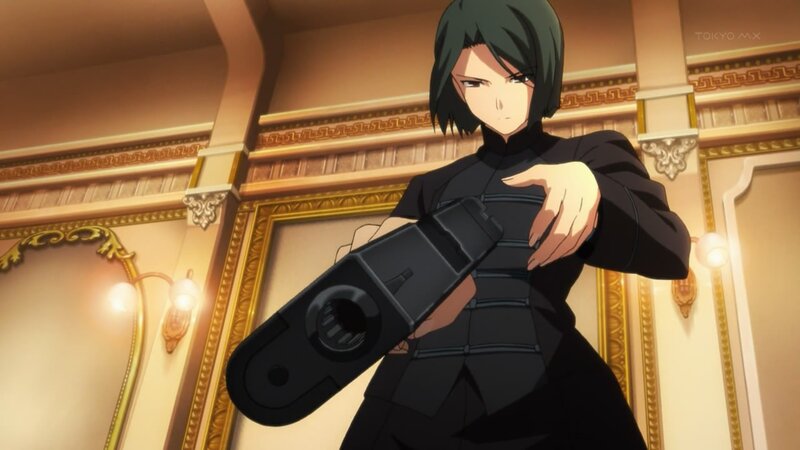 Anime Character Holding Gun — Black, Dramatic, Ornate Room