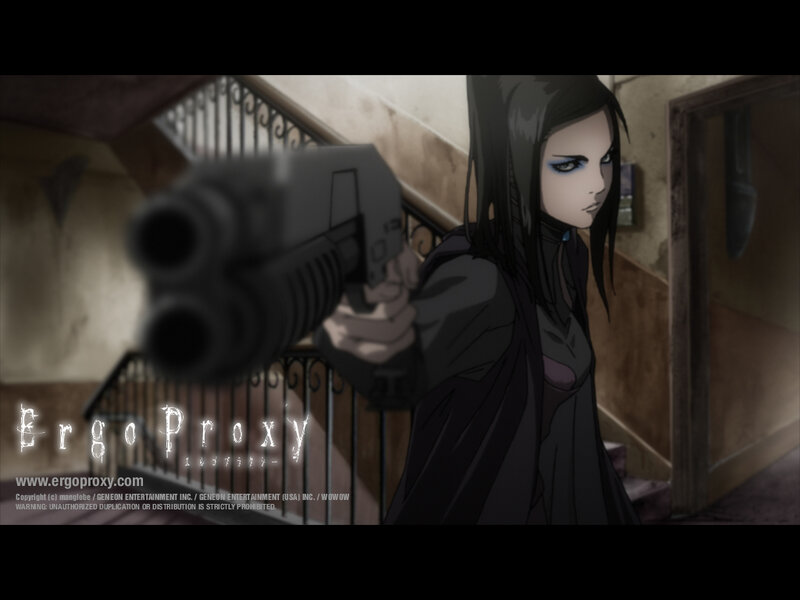 Anime Character Holding Gun — Black, Dramatic, Staircase