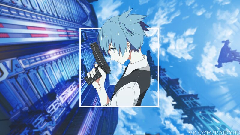 Anime Character Holding Gun — Blue, Dramatic, Afternoon