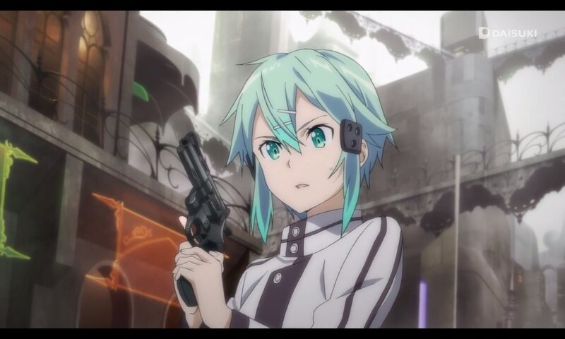 Anime Character Holding Gun — Blue, Dramatic, Building