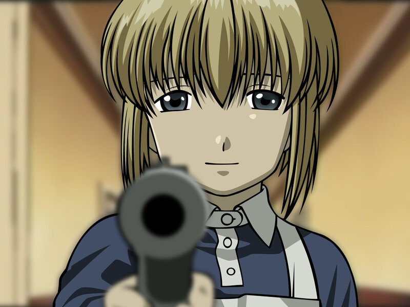 Anime Character Holding Gun — Blue, Serious, Apron, Blonde Hair