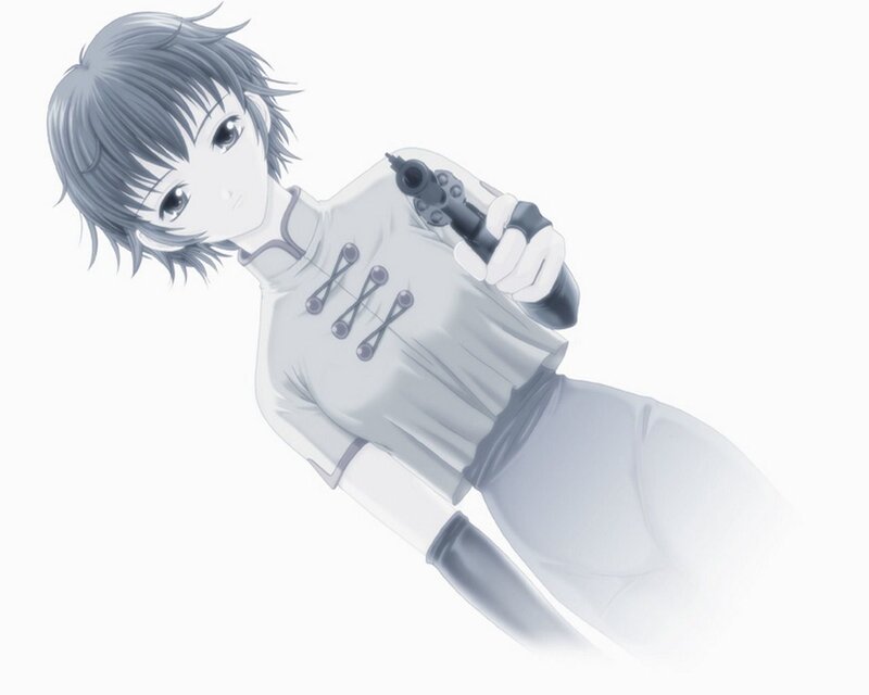 Anime Character Holding Gun — Gray, Dramatic, Short Hair