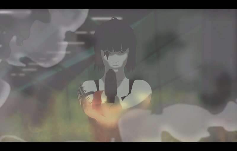Anime Character Holding Gun — Gray, Dramatic, Smoke