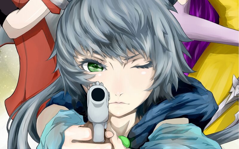 Anime Character Holding Gun — Gray, Intense